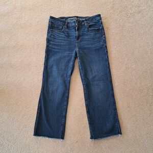 American Eagle Jeans Kick Boot Crop Women's 8 Short Blue Denim Frayed Hem